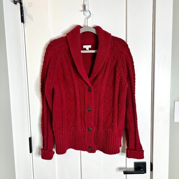 L.L. Bean Signature Cranberry Red Cable-Knit Button-Up Cardigan Cabin Cozy Sz L - Picture 1 of 4